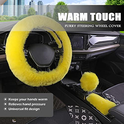 Fluffy Car Accessories Set, Fur Cute Fluffy Steering Wheel Cover Set for Women & Furry Handbrake & Gear Shift Covers & Car Rearview Mirror Pendant & 2 Pieces Bling Coasters (Yellow) - color: yellow