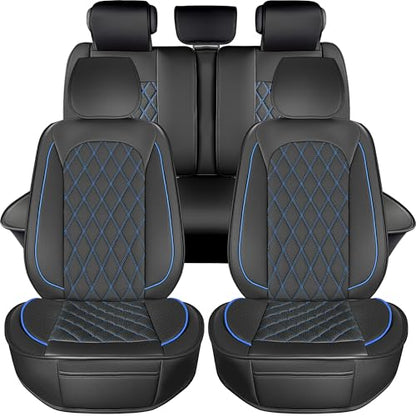 LINGVIDO Car Seat Covers Full Set (5 Seats) - Premium Perforated Nappa Leather, Waterproof Shield, Omni-Adapt Fit SUVs Sedans, Ultimate Family & Pet Protection - color: Black & Blue Line, size: Full Set (5 Seats)