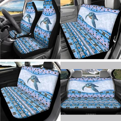Aztec Style Printed 15 Pack Car Accessories Set, Sea Turtle Printed Car Seat Cover Full Set Steering Wheel Cover Car Headrest Cover Seat Belt Covers Car Coaster - color: Blue-Aztec Style Sea Turtle