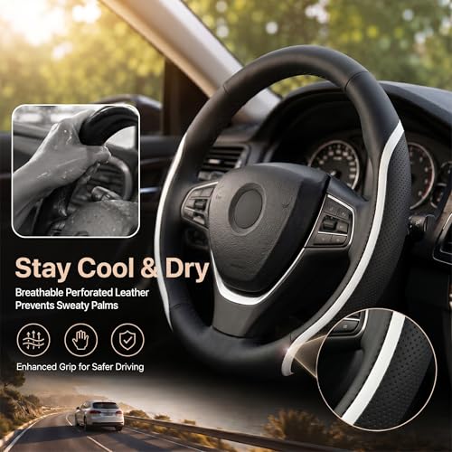 Steering Wheel Cover Black White, Carbon Fiber Car Steering Wheel Covers with Coasters Universal 14.5-15 inch Leather Microfiber Breathable Anti-Slip Steering Wheel Accessories Set - color: White, size: Medium