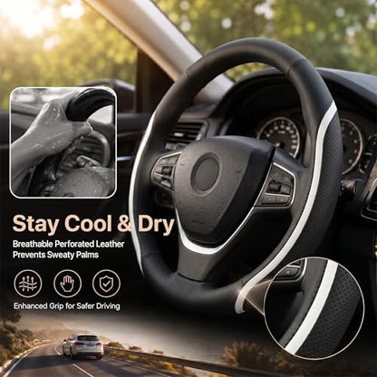 Steering Wheel Cover Black White, Carbon Fiber Car Steering Wheel Covers with Coasters Universal 14.5-15 inch Leather Microfiber Breathable Anti-Slip Steering Wheel Accessories Set - color: White, size: Medium