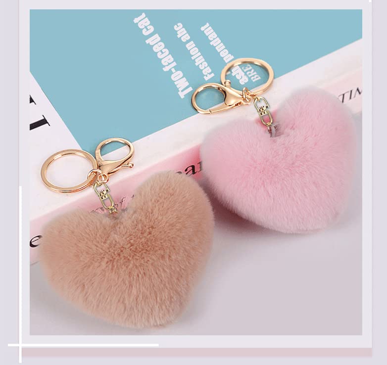 Cute Faux Rabbit Fur Ball Pom Pom Keychain Car Key Ring Handbag Tote Bag Pendant Purse Charm - color: Heart-pink