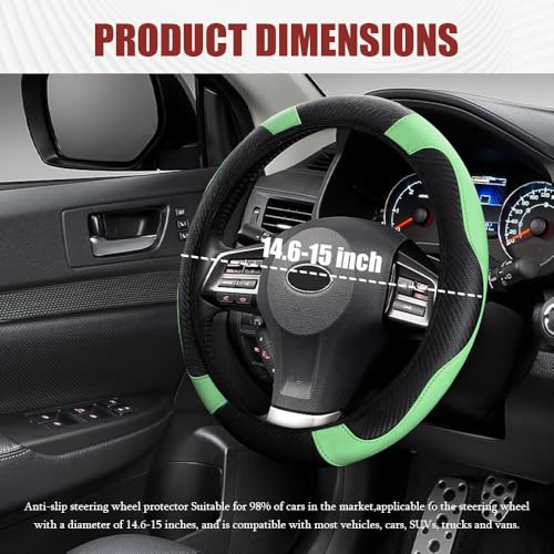 Car Steering Wheel Cover, Steering Wheel Protector, Universal 14.5-15 Inch Microfiber Leather Breathable Auto Steering Wheel Covers, Carbon Fiber Steering Wheel Cover for Women Men (Green) - color: Green