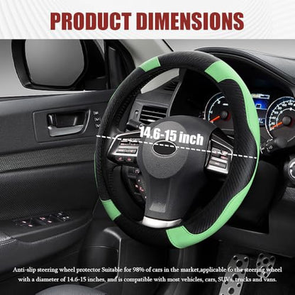 Car Steering Wheel Cover, Steering Wheel Protector, Universal 14.5-15 Inch Microfiber Leather Breathable Auto Steering Wheel Covers, Carbon Fiber Steering Wheel Cover for Women Men (Green) - color: Green