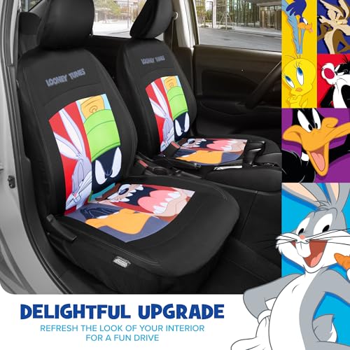 Looney Tunes Car Seat Covers – 2-Piece Front Seat Covers Featuring Bugs Bunny, Marvin the Martian, Taz & Daffy Duck – Universal Fit for Cars Trucks SUV Seat Covers for Car Cute Cartoon Car Accessories - size: 2 Front, style: Looney Tunes