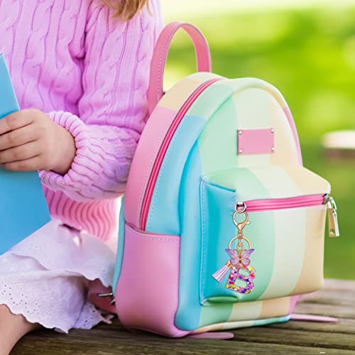 JINGUAZI Initial letter Keychains for Women Tassel Butterfly Pink Purple Cute Car Keychain for Wallet Backpack bag charm - color: B-purple