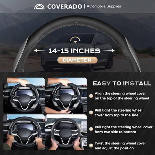 Coverado Car Steering Wheel Cover, Nappa Leather Black & Gray Steering Wheel Covers, Universal 14-15 inch, Anti-Slip, Breathable Steering Wheel Protector for Women Men - color: B-BlackGray