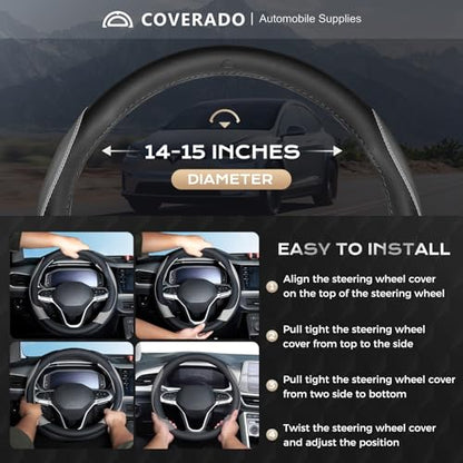 Coverado Car Steering Wheel Cover, Nappa Leather Black & Gray Steering Wheel Covers, Universal 14-15 inch, Anti-Slip, Breathable Steering Wheel Protector for Women Men - color: B-BlackGray