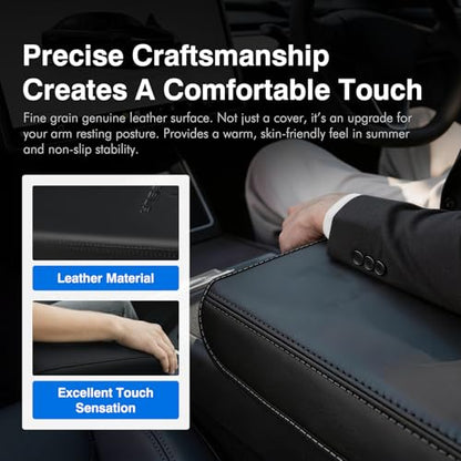 Center Console Armrest Cover for Tesla Model 3 2017-2023 & Model Y 2020-2025 - Black Genuine Leather Armrest Protector, Scratch Resistant Interior | Easy Install Skin with Bonus Key Card Holder - color: Black