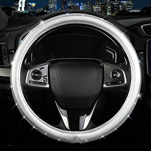 Bling Diamond Steering Wheel Cover, Leather Steering Wheel Covers for Women Girls with Crystal Rhinestones, Breathable, Anti-Slip Universal Fit 14.5-15 Inch Bling Car Accessories(Silver) - color: silver