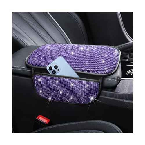 Bling Car Center Console Cover, Crystal Rhinestone Vehicle Armrest Cover Cushion with 2 Storage Bags for Women Girls, Diamond Auto Storage Box Protector Pad, Universal Fit (Purple) - color: Purple
