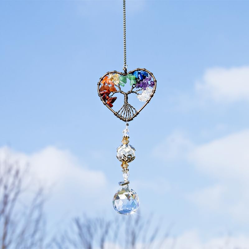H&D HYALINE & DORA Suncatcher Window Hanging Tree of Life Heart Shaped Crystal Ball Prism Drop Pendant - color: Colorful