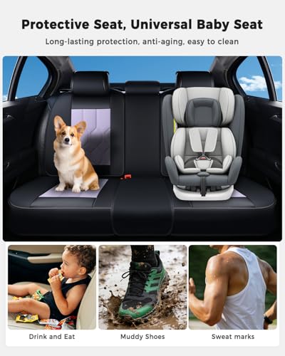 Huidasource Seat Covers Full Set, Universal Fit for Most Cars SUVs Trucks, Full Coverage Leather Seat Cover, Airbag, Cupholder Compatible, Seat Function Retain, Easy Install with Velcro, Black&Purple - color: FS: Black&Purple, size: Full Set