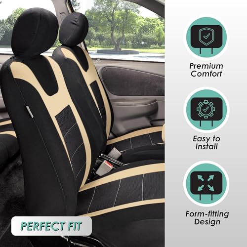 FH Group Car Seat Covers Sports Seat Covers Front Seats Only, Airbag Compatible Beige Black Automotive Seat Cover Combo Small Car Seat Cover Design Universal Fit Interior Accessories Cars Trucks SUVs - color: Beige