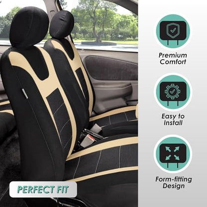 FH Group Car Seat Covers Sports Seat Covers Front Seats Only, Airbag Compatible Beige Black Automotive Seat Cover Combo Small Car Seat Cover Design Universal Fit Interior Accessories Cars Trucks SUVs - color: Beige