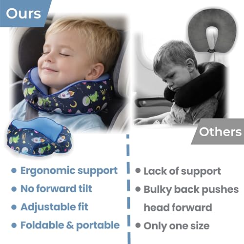 SKYTRAX® Certified Kids Safe Memory Foam Travel Neck Pillows for Kids and Toddlers, Cute Cartoon Design, Car Seat & Airplane Head Neck Support, Adjustable Snap Buttons, Washable Soft Cover (Dinosaur) - color: Universe/Dinosaur