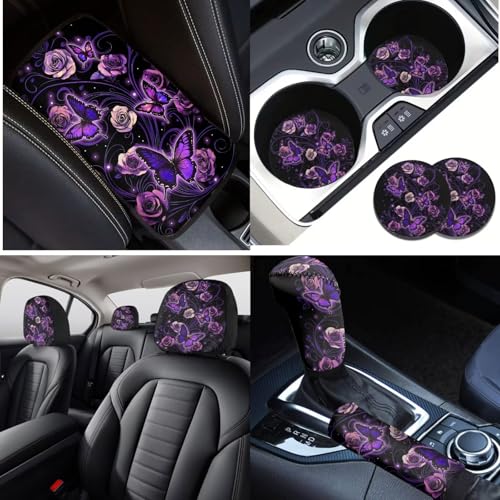 Butterfly Flower Print Car Accessories Sets, Cars Front Back Seat Covers Steering Wheel Covers Safety Belt Cover Arm Rest Covers Head Rest Cover Cup Holder Keychain, Universal Fits, 16 Piece - color: Purple and Black - Butterfly Flower