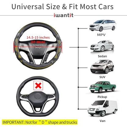 Iwantit® Steering Wheel Cover with 3D Honeycomb Anti-Slip Design and Breathable Fabrics and Pu Leather, Universal 14.5-15 Inch (Yellow/Black) - color: 004-Yellow/Black