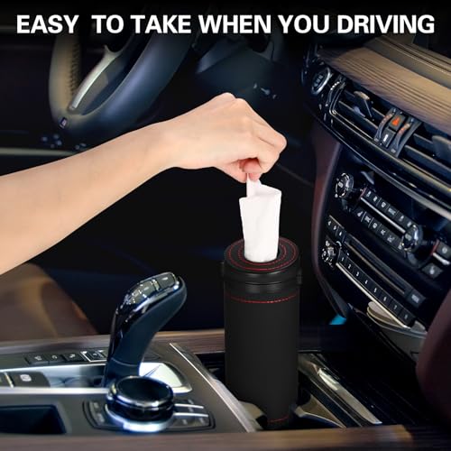 1 Pcs Car Tissues Cylinder Leather Round Container Car Tissues Holder with Tissue Paper with Window Breaker for Vehicle Bathroom Office(Black) - color: Black