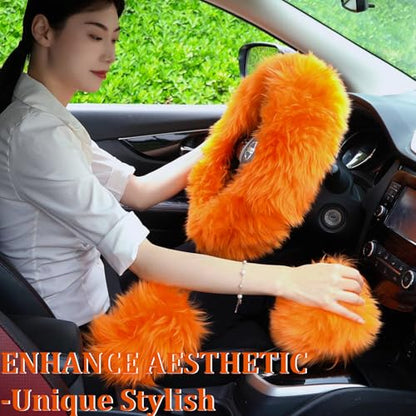 Fuzzy Genuine Sheepskin Steering Wheel Cover Set for Women Parents-Fluffy Soft Australian Merino Wool Wrap with Gear Shift and Hand Brake Covers, Cozy Stylish Luxury Car Accessories (Hot Pink) - color: Hot Pink
