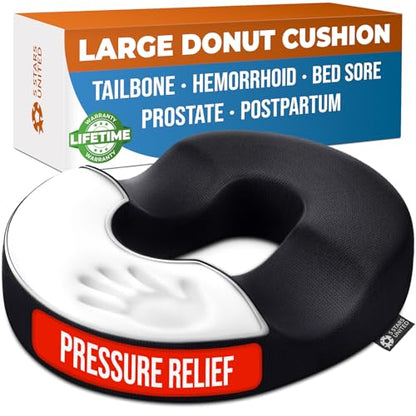5 STARS UNITED Donut Pillow for Tailbone Pain & Hemorrhoids – Large Memory Foam Seat Cushion for Bed Sore-Prone Areas & Pressure Relief – Prostate, Postpartum & Pregnancy Support, Black Mesh Cover