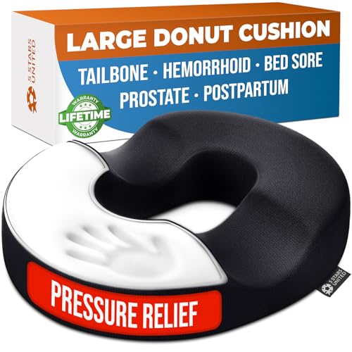 5 STARS UNITED Donut Pillow for Tailbone Pain & Hemorrhoids – Large Memory Foam Seat Cushion for Bed Sore-Prone Areas & Pressure Relief – Prostate, Postpartum & Pregnancy Support, Black Mesh Cover - color: Black