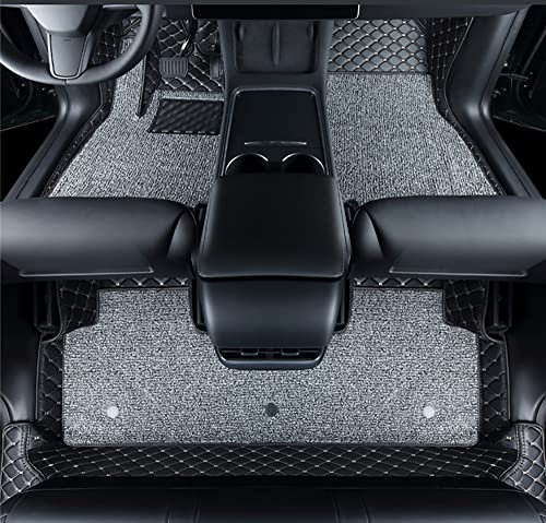 Compatible with Tesla Model Y(2020-2025) Floor Mats Luxury Leather + Topper Carpet for Tesla Model Y 5 Seater Floor Liners All-Weather (Black/Beige) - color: Black with Beige Stitching, size: 2020-2025 Double-layer Floor Mat