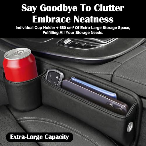 2PCS Car Seat Gap Filler Organizer, Gap Filler with Cup Holder and Storage for Cars, PU Leather Front Seat Side Organizer for Keys Cards Phone Sunglasses and Small Items(Black)