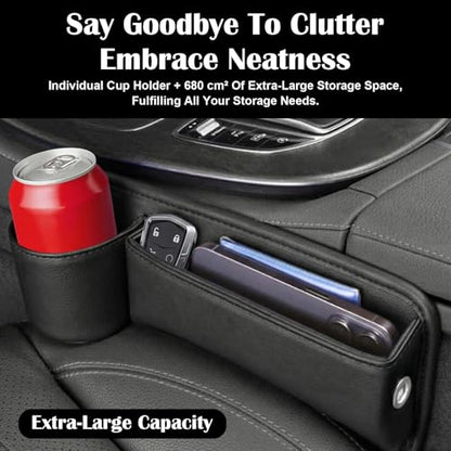 2PCS Car Seat Gap Filler Organizer, Gap Filler with Cup Holder and Storage for Cars, PU Leather Front Seat Side Organizer for Keys Cards Phone Sunglasses and Small Items(Black)
