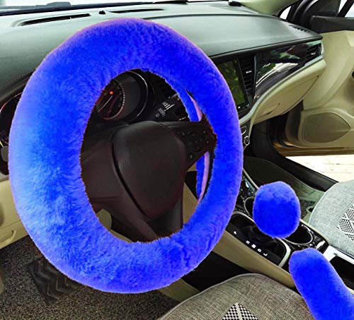 Winter Warm Fluffy Furry Fuzzy Car Steering Wheel Cover,Universal Fit Thickening Faux Rabbit Fur Plush Steering Covers+Gear Shift Cover and+Brake cover-3pcs Set (Blue) - color: blue