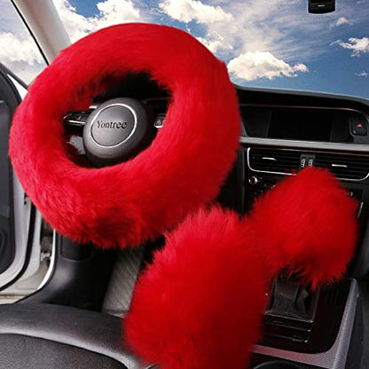 Yontree Fashion Fluffy Steering Wheel Covers for Women/Girls/Ladies Australia Pure Wool 15 Inch 1 Set 3 Pcs (Red) - color: Red, size: Long Wool
