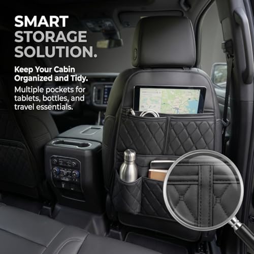 Seat Back Protector for 2021-2025 Cadillac Escalade, GMC Yukon, Chevy Tahoe & Suburban, PU Leather Kick Mats Backseat Protector with Organizer Pocket, Waterproof Rear Seat Cover - 2PCS