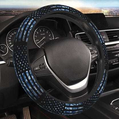 Navy Camo Camouflage Hunting American Flag Car Steering Wheel Cover,Non-Slip Elastic Neoprene-Sweat Car Accessories,Universal 15 Inch Fit Auto, Vans Trucks,Suvs, Truck - color: Navy Camo Camouflage Hunting American Flag