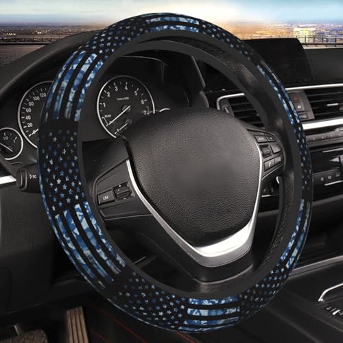 Navy Camo Camouflage Hunting American Flag Car Steering Wheel Cover,Non-Slip Elastic Neoprene-Sweat Car Accessories,Universal 15 Inch Fit Auto, Vans Trucks,Suvs, Truck - color: Navy Camo Camouflage Hunting American Flag