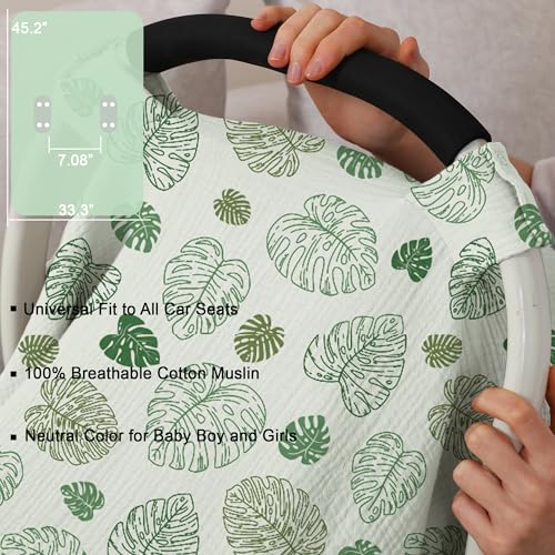 100% Muslin Cotton Car Seat Cover Baby, Carseat Canopy Cover, Universal Fit Stroller Covers for Boys and Girls (Monstera Green) - color: monstera green
