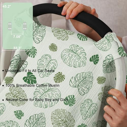 100% Muslin Cotton Car Seat Cover Baby, Carseat Canopy Cover, Universal Fit Stroller Covers for Boys and Girls (Monstera Green) - color: monstera green