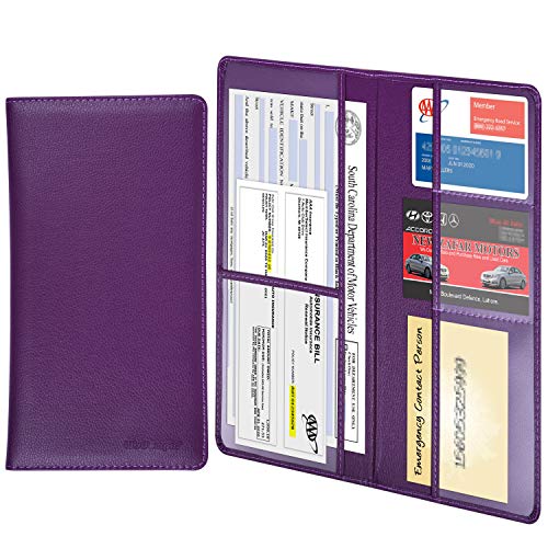 Wisdompro Car Document Holder Organiser, PU Leather Vehicle Insurance and Registration Holders Wallet Case for ID Card, Driving Licence, Key Contact Information Cards - color: Purple
