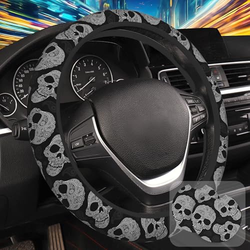 Floral Skull Steering Wheel Cover with 2 Pcs Car Coasters Neoprene Steering Wheel Cover for Women Men Anti-Slip Breathable Car Accessories Universal 15 Inch Fit Auto Cars Trucks - color: Floral Skull