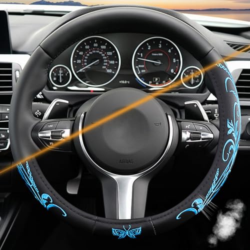 Blue Embroidery Butterfly Car Steering Wheel Cover,14.5-15 Inch Universal Leather Covers Breathable Anti-Slip Odorless Steering Wheels Accessories for Men Women - color: Embroidery-Blue