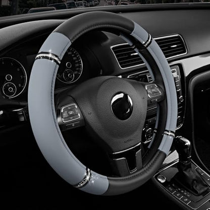 Road Comfort Leather Steering Wheel Cover – Premium Anti-Slip Car Steering Wheel Grip Cover – Universal Fit for 14.5”–15” Cars, Trucks & SUVs - Gray - color: Gray