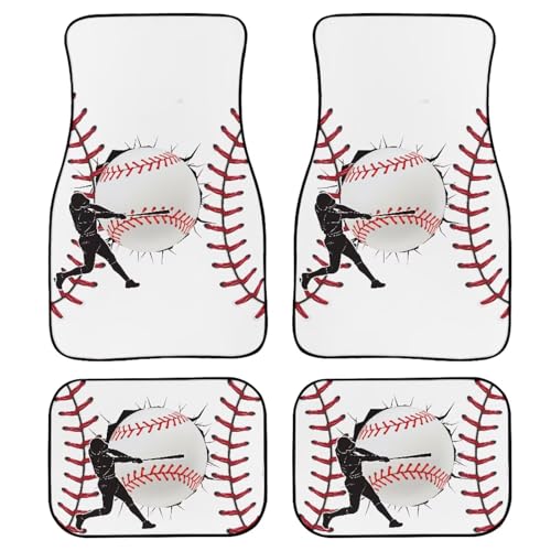 Baseball Print Car Floor Mats Set of 4 Sport Ball Universal Vehicle Floor Carpet Decorative Auto Front Rear Foot Rugs for Trucks SUV Sedan - color: White