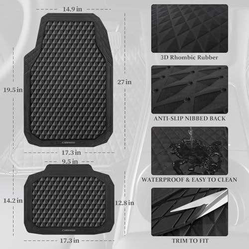 CAR PASS Black Rubber Car Mats, All-Weather Floor Mats Full Set Durable Anti-Slip 3D Rhombus Waterproof Automotive Pad Trim to Fit Liner Universal Fit for Sedan SUV Truck Van, 4 Pcs All Black Rubber - color: All Black