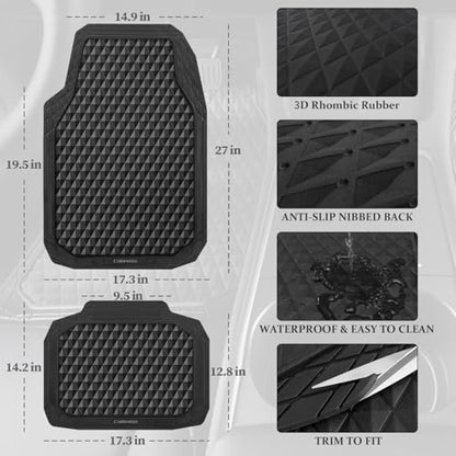 CAR PASS Black Rubber Car Mats, All-Weather Floor Mats Full Set Durable Anti-Slip 3D Rhombus Waterproof Automotive Pad Trim to Fit Liner Universal Fit for Sedan SUV Truck Van, 4 Pcs All Black Rubber - color: All Black