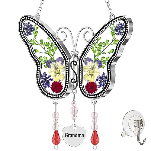 Butterfly Suncatcher Grandma Stained Glass Sun Catcher for Windows Hangings Ornament with Pressed Real Flower Wings in Glass and Metal Heart Charm Birthday Gift for Women Mothers Day Christmas - style: Grandma
