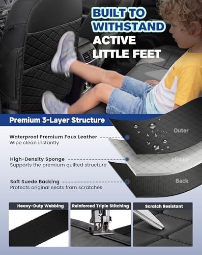 Seat Back Protectors for Kids, Car Kick Mats for Back of Front Seats with Large Pocket Organizer, Waterproof, Protects Against Dirt, Scuffs & Scratches, Fits Most Vehicles, 2PCS (Black)