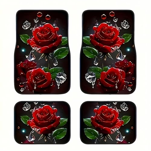 Universal Fit Car Floor Mats Set of 4Pcs, Beautiful and Vibrant Red Roses All-Weather Front Rear Car Carpet Mats, Non-Slip Car Floor Mat Car Accessories for Automotive Trucks SUV Sedans Vans - color: Bright Red Roses