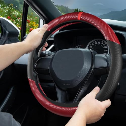 Black & Red Carbon Fiber Leather Steering Wheel Cover, 14.5-15 Inch Non-Slip Breathable Microfiber Leather Car Steering Wheel Protector for Men Women - color: Carbon Fiber - Black & Red