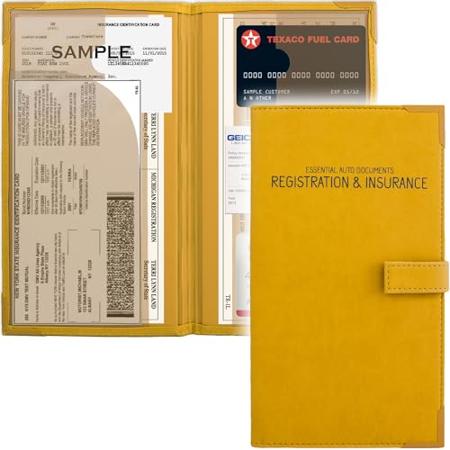 Auto Insurance and Registration Card Holder - Vehicle Glove Box Document Organizer - Car Essential Paperwork Holder for DMV, AAA, Contact Information Cards - Premium PU Leather Wallet Case - Yellow - color: Yellow