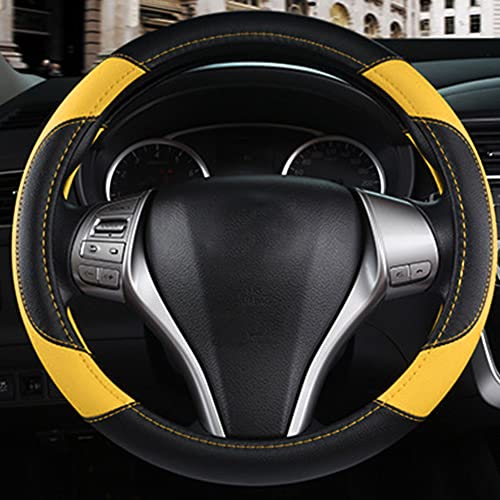 Leather Car Steering Wheel Cover, Non-Slip Car Wheel Cover Protector Breathable Microfiber Leather Universal Fit for Most Cars (Black&Yellow) - color: Yellow