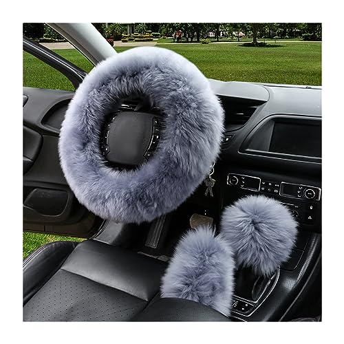 3PCS Wool Steering Wheel Cover with Fuzzy Handbrake Cover & Gear Shift Cover, Universal 15 Inch Steering Wheel Fluffy Soft Protector, Comforting Warm Car Decoration for Women Men (Gray) - style: Gray